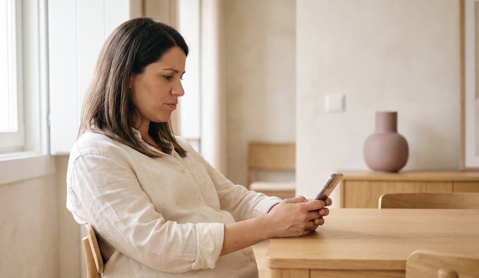 Grávida sentada à mesa da cozinha, a procurar informação no telemóvel