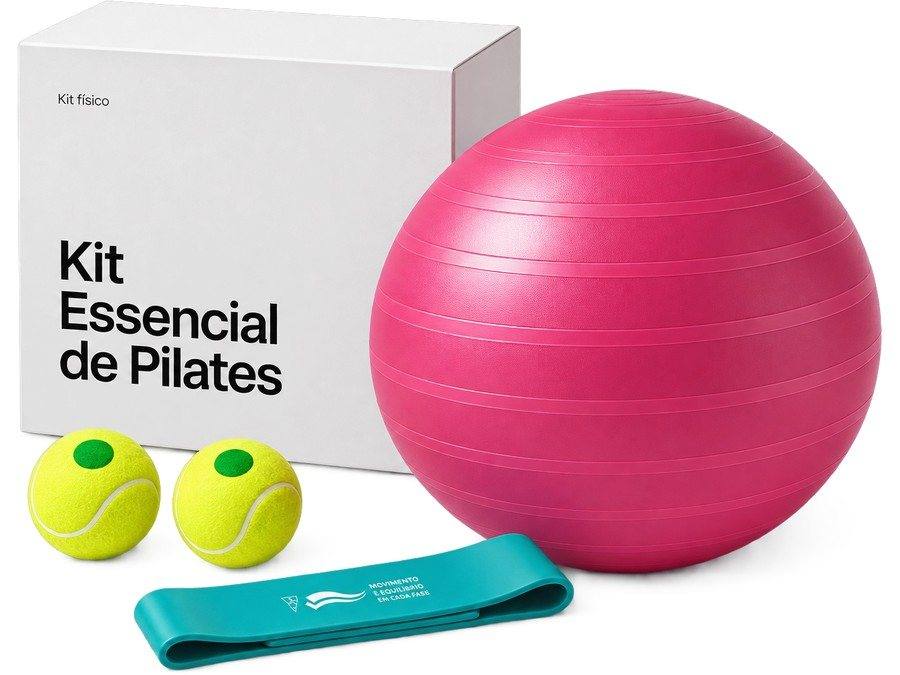 Bola de pilates, elástico e 2 bolas de ténis — o kit incluído no programa